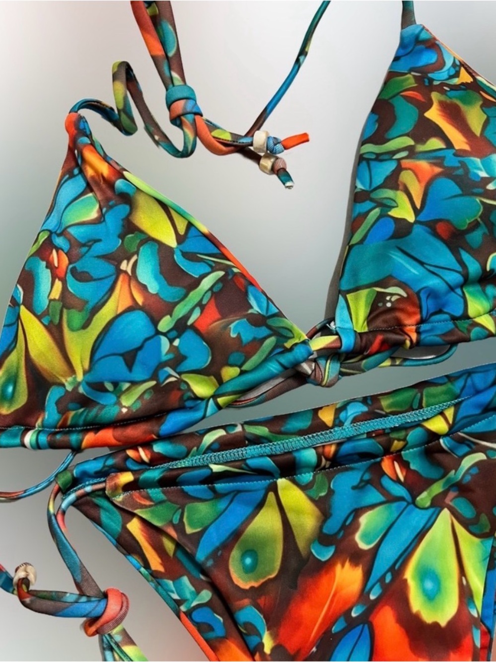Multicolor Triangle Halter Side Tie Bikini Set View 6